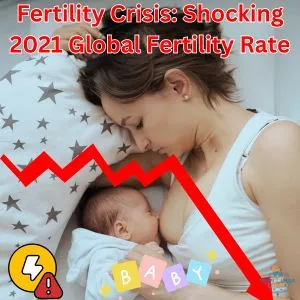 A brunette woman breastfeeding her baby on a bed in the background. A fertility crisis red arrow moving downward with the 2021 global fertility rate. Image created using Canva Pro.