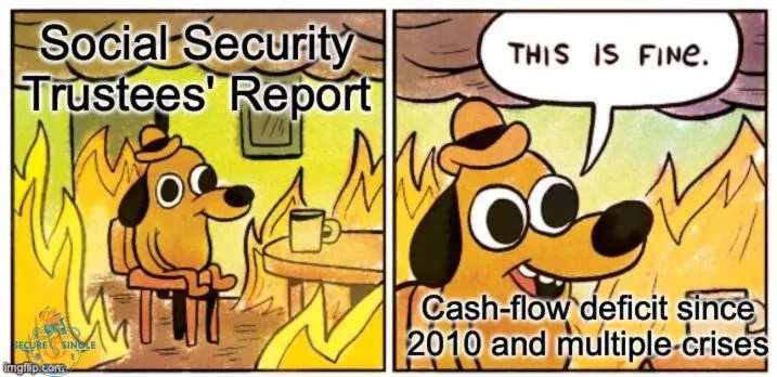 This is fine meme about the various crises that Social Security is dealing with.
